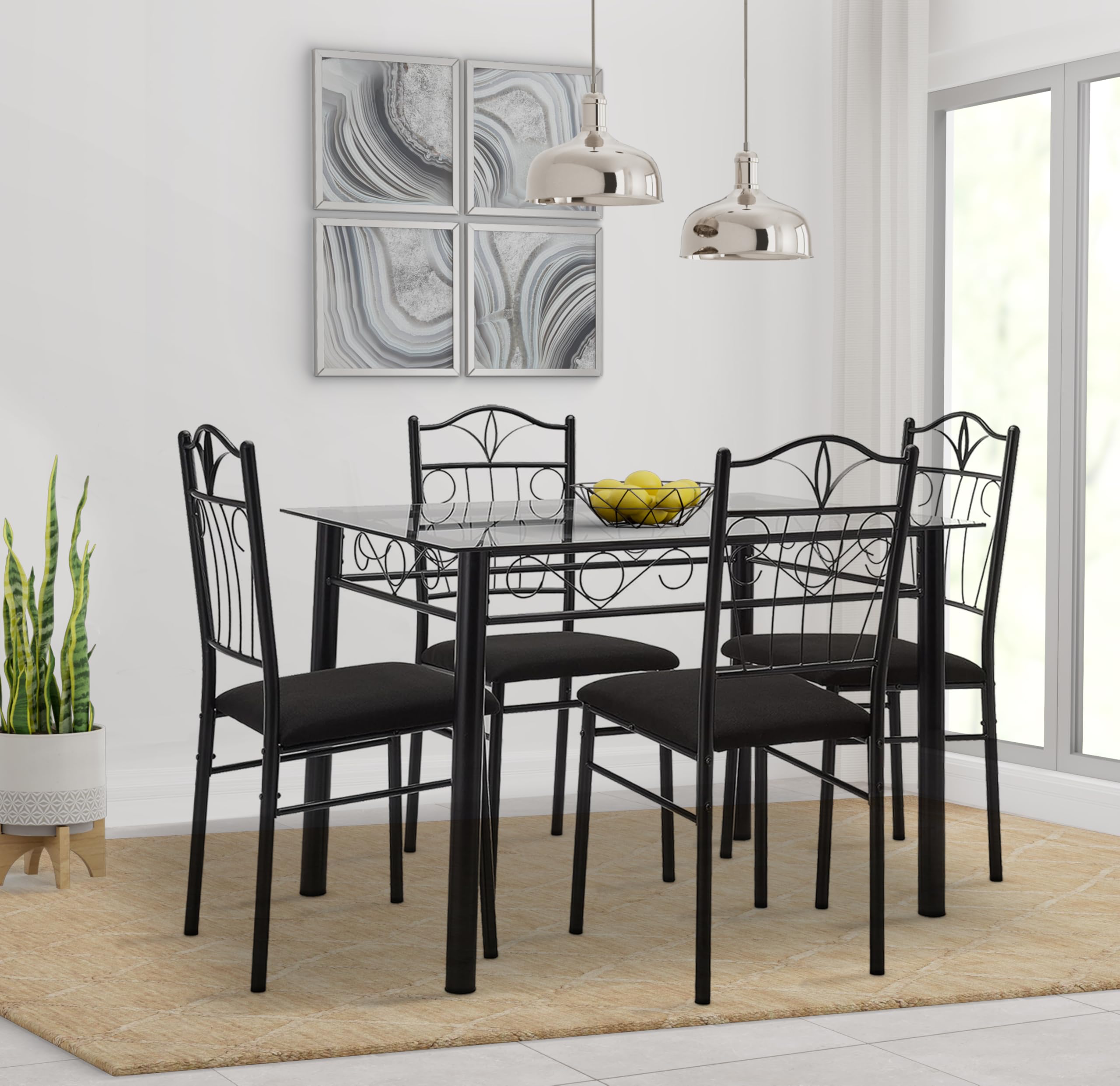 Amazon Brand - Solimo Dorado Glass 4 Seater Dining Set (Black)