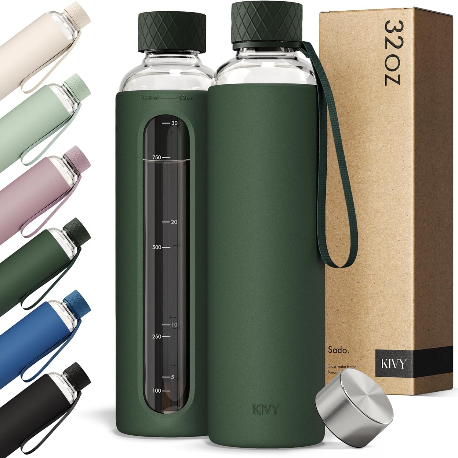 KIVY Glass Water Bottle with Silicone Sleeve 32 oz [WITH MEASUREMENT] – Borosilicate Glass Water Bottle Screw Top – Clear Bottles with Measurement Marking – Slim Waterbottle Aesthetic – Dark Green