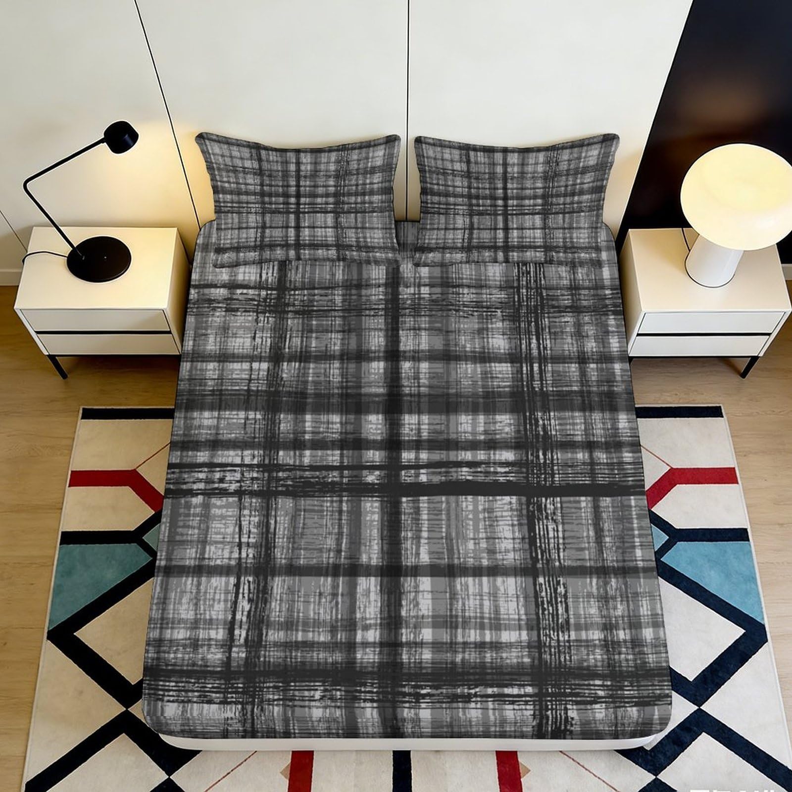 Pnayamiorkfel Style-4 3D Printed Black Plaid Fitted Sheet Microfiber Soft Modern Grid Mattress Cover For Bedroom Dorm Easy Care Decor 90X200x25cm