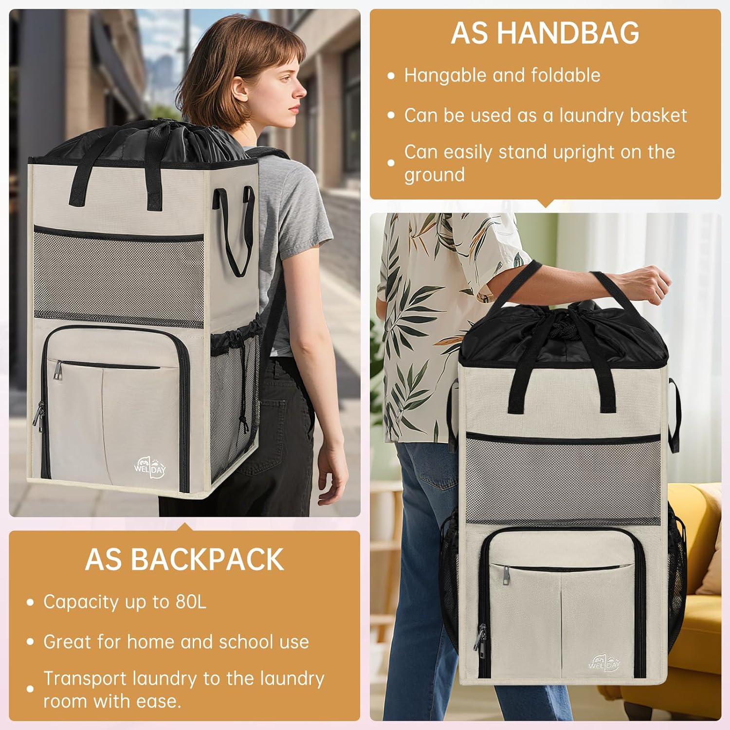 Laundry Backpack Bag, Extra Large 2 in 1 Laundry Hamper Basket with Shoulder Straps, Freestanding Laundry Bag for College Dorm, Laundromat, Apartment (Beige)