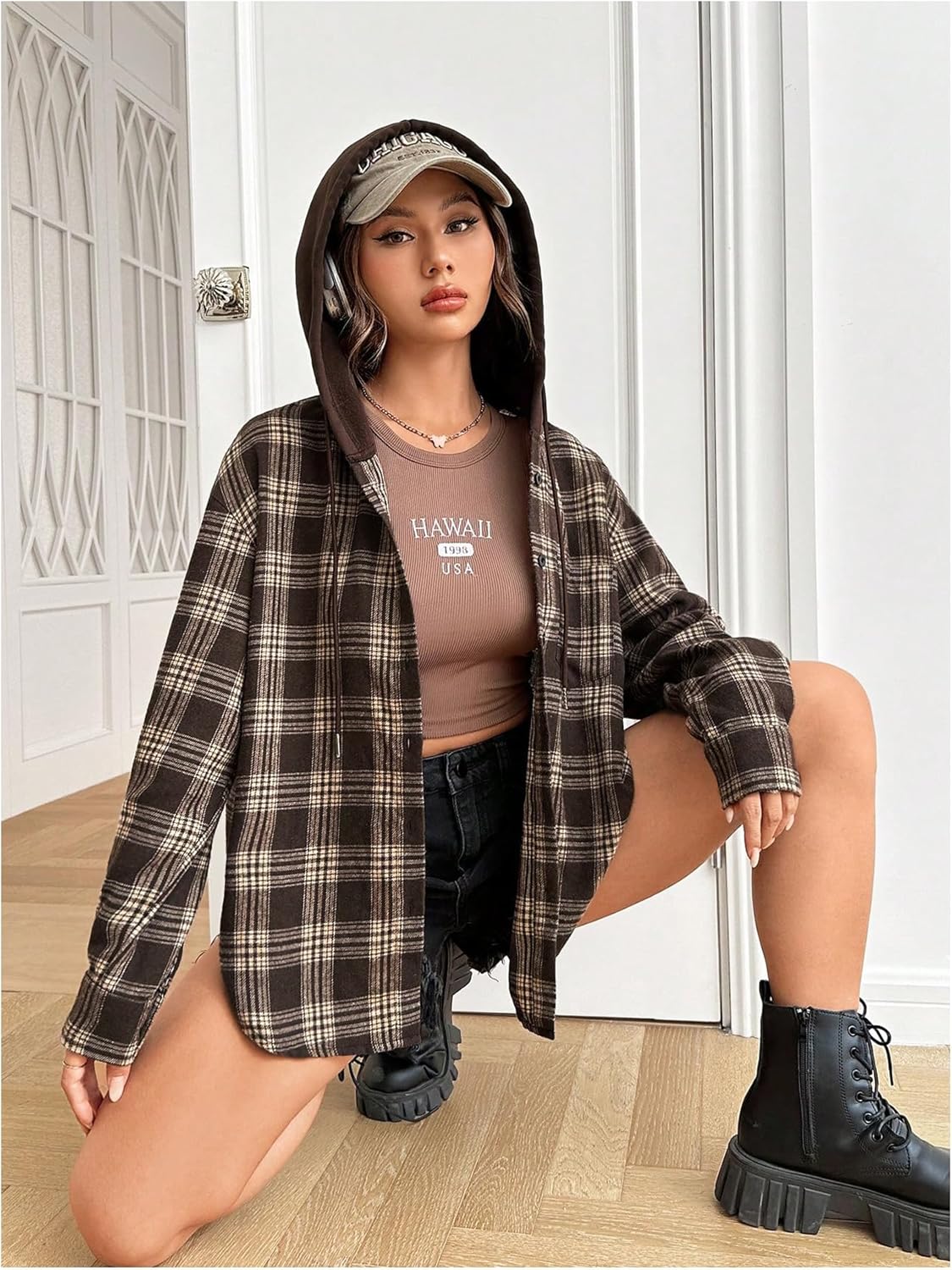 SweatyRocks Women's Plaid Hoodie Long Sleeve Jacket Button Down Casual Fall Shirts with Pocket - Image 5