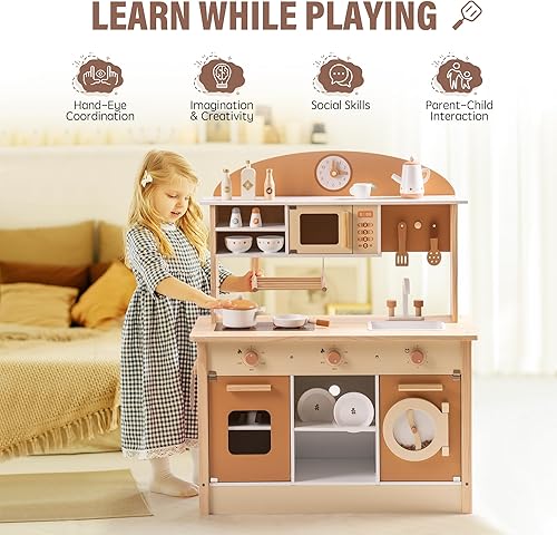 Miniatura 6 de ROBOTIME Juego de cocina de madera, juego de cocina para niños con diseño realista, juego de cocina para niños y niños pequeños con lavavajillas,