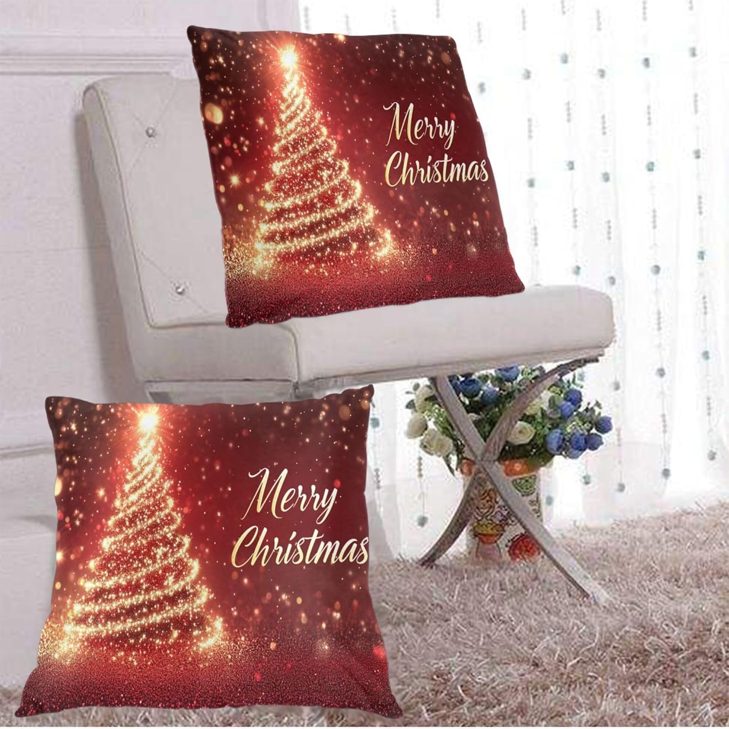 Pillow Covers Red Christmas Tree Xmas Festive Decorative Throw Pillow Case with Hidden Zipper 18x18 Inch 2 Set Soft Two-Sided Print for Sofa Bed Couch Holiday Home Decor