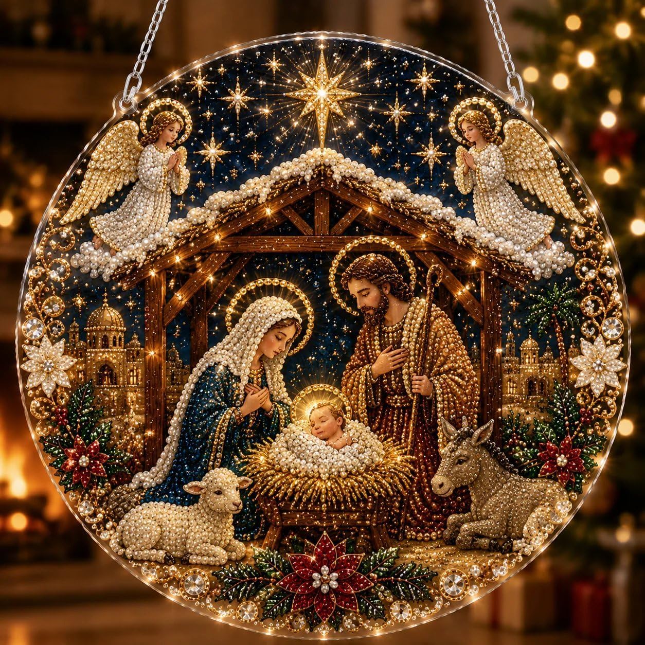 DualBlades DIY Christmas Pearl Diamond Painting Suncatcher Kit for Adults, DIY 3D Christmas Craft for Beginner, Pre-Assembled Metal Chain, 3D Mixed-Sized Pearl Beads Craft, 7.87 * 7.87in，Style I