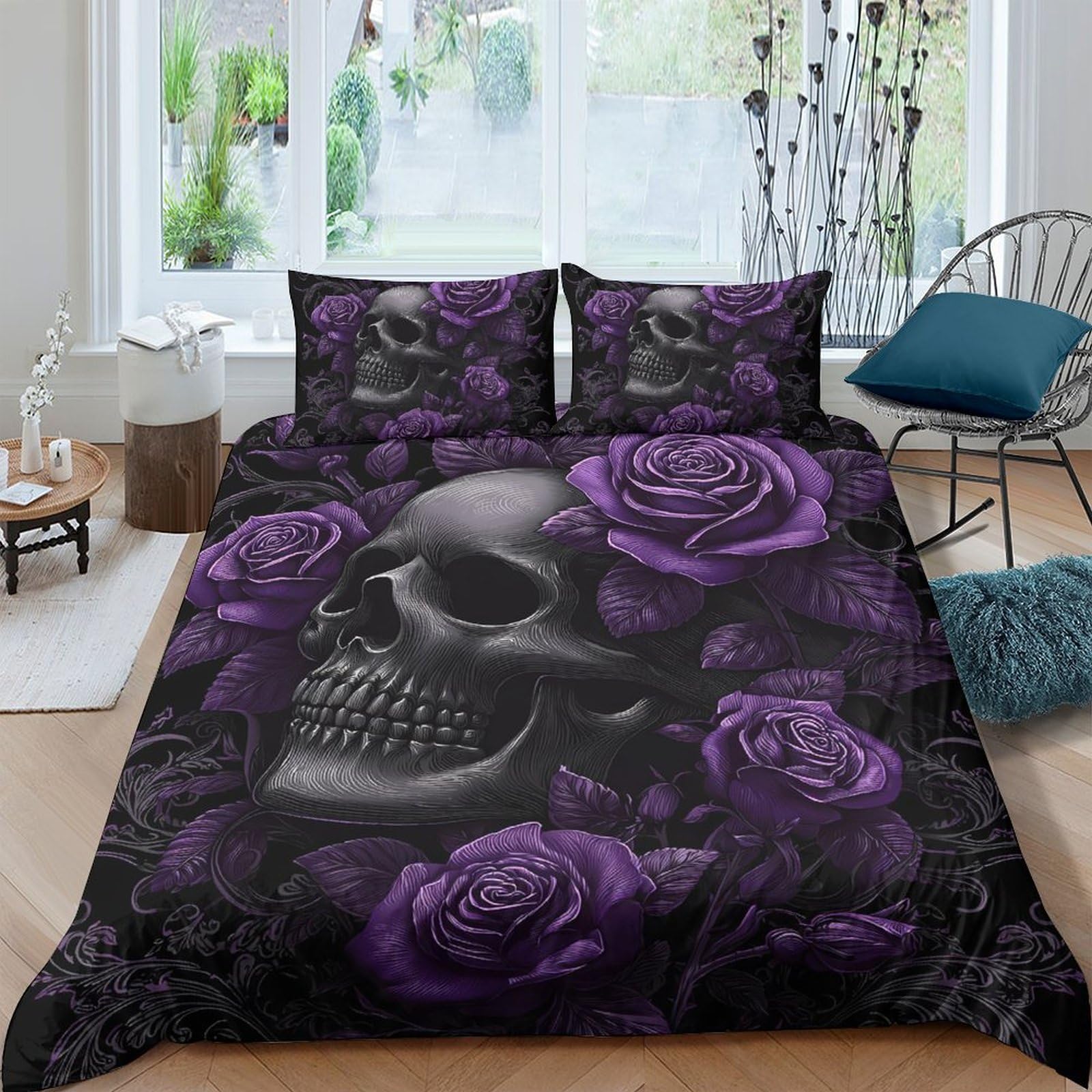 Ctjqhvkz Style-6 3D Printed Skull Rose Fitted Sheet Microfiber Purple Gothic Bed Sheet For Bedroom Dorm Mattress Decor Single（135X200cm）