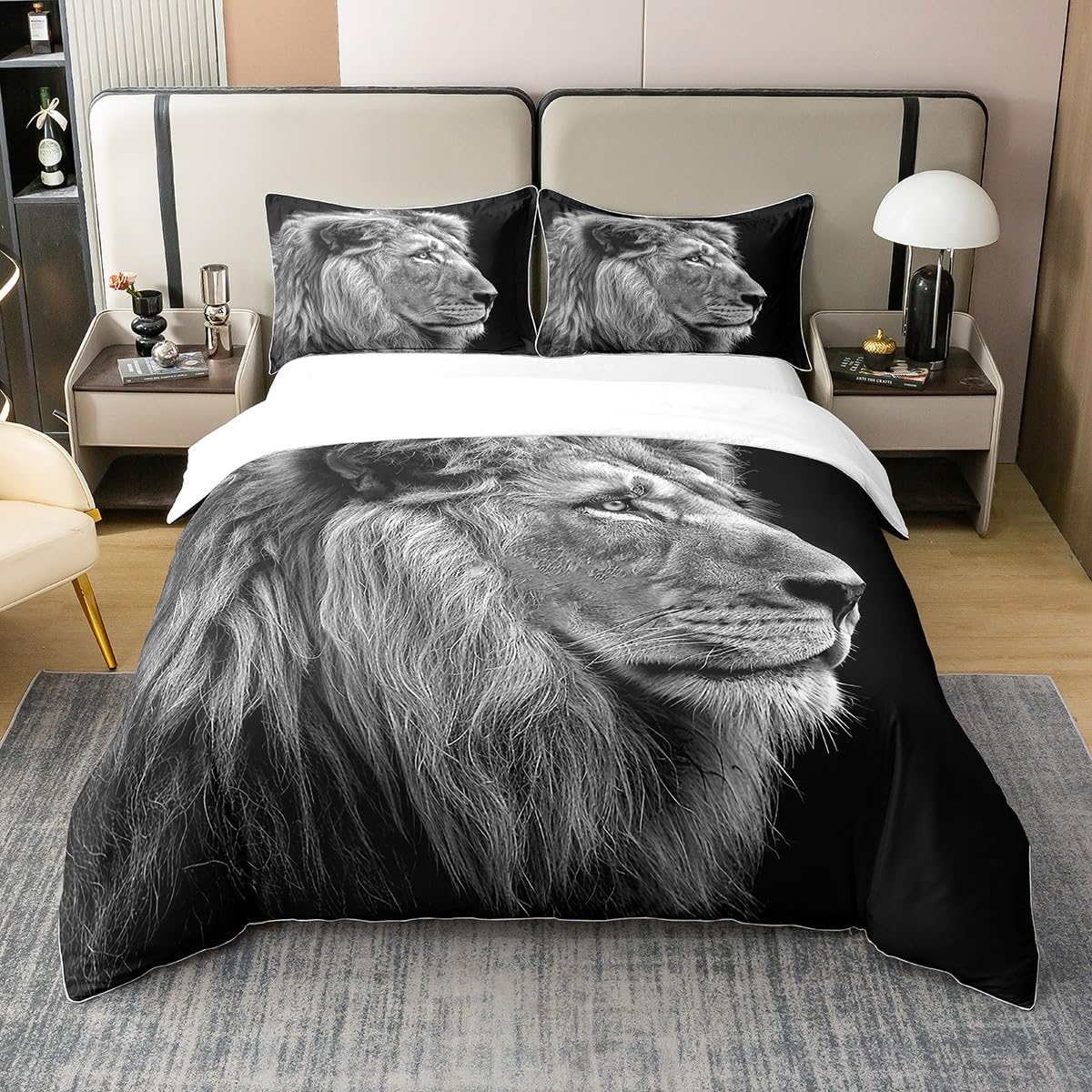Castle Fairy King Size 100% Cotton Wild Lion Duvet Cover Africa Wildlife Bedding Set 3D Lion Tropical Style Comforter Cover Gray Black Bedspread Cover Room Decor Bedclothes Zipper,No Comforter