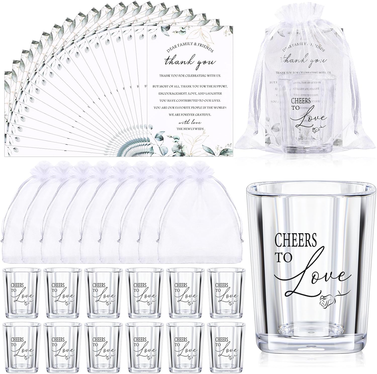 Sliner 50 Set Wedding Favors for Guests Bulk 2oz Acrylic Cheers to Love Shot Glasses with Thank You Cards Organza Bags for Guest Souvenirs (Cylinder,Cheers to Love)