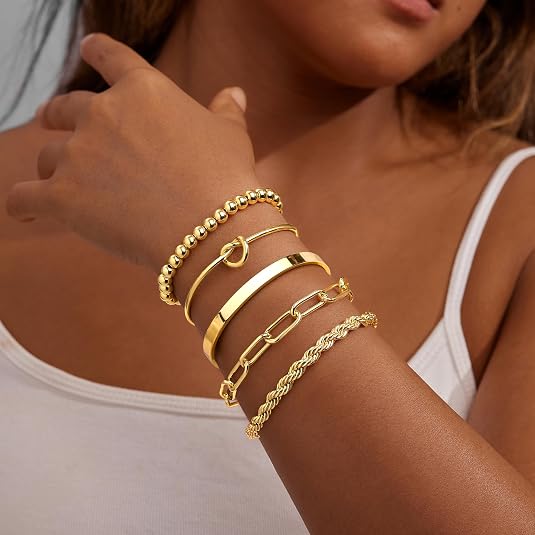 Gokeey Gokeey Gold Bracelets Set for Women Non Tarnish, Waterproof 14K Gold Plated Sterling Silver Chunky Cuff Bracelet Stackable Gold Bangles — product photo thumbnail 2