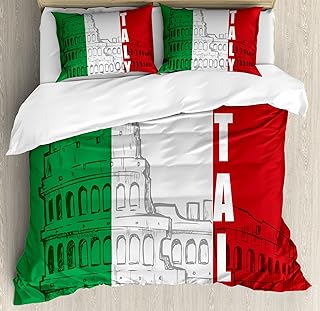 Lunarable Italian Flag Duvet Cover Set, Roma Landmark Colosseum Heritage Cityscape Civilization Image, Decorative 3 Piece Bedding Set with 2 Pillow Shams, Queen Size, Green Grey