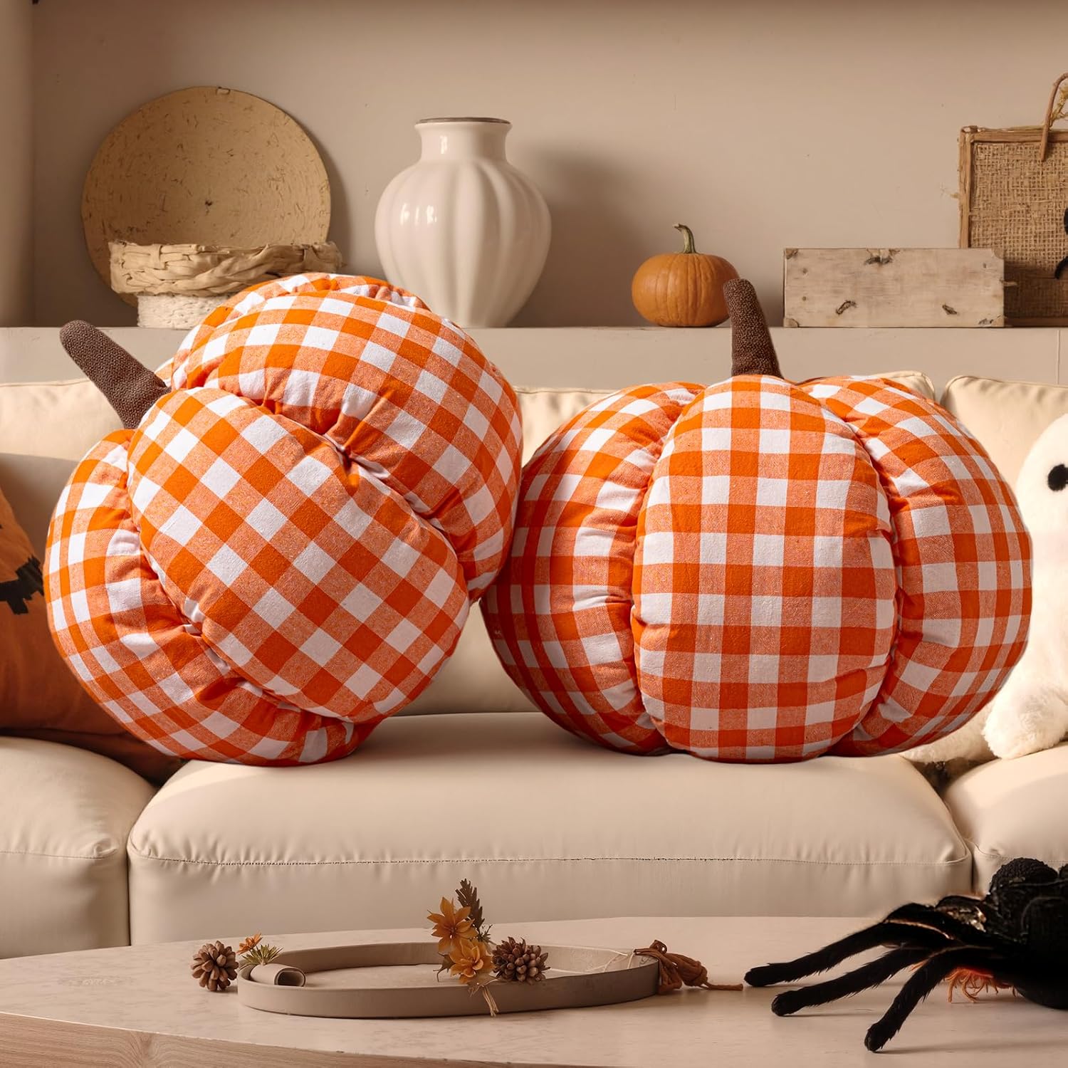 Lanpn Fall Pumpkin Pillow Set of 2, Halloween Decoration Plaid Throw Pillow Soft Cute 3D Shaped Cushion for Sofa Couch Bedroom Autumn Thanksgiving Halloween Decor (Orange, 13.4x11in) Style C - Orange