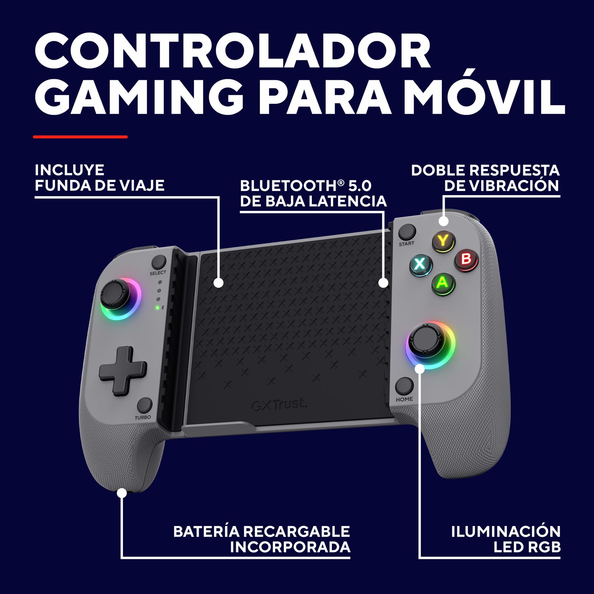 Trust GXT 735G Mylox Mando para Móvil Bluetooth, Iphone/Android / PS5 / Xbox, 12h de Juego, Doble Vibración, Iluminación LED RGB, Gamepad Inalambrico para Movil, Accesorios Gaming, Gris