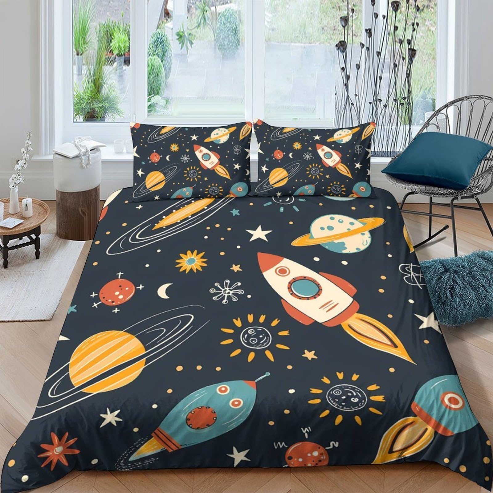 Ctjqhvkz Style-1 3D Printed Space Rocket Fitted Sheet Microfiber Soft Breathable Planet Mattress Cover For Bedroom Dorm Decoration Single（135X200cm）