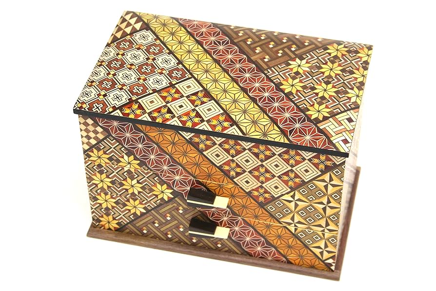 箱根寄せ木細工　引き出し　小物入れ　鏡付き 7寸2ツ引き出し ハネ鏡 亀甲 | 小引き出し | 寄木細工専門店