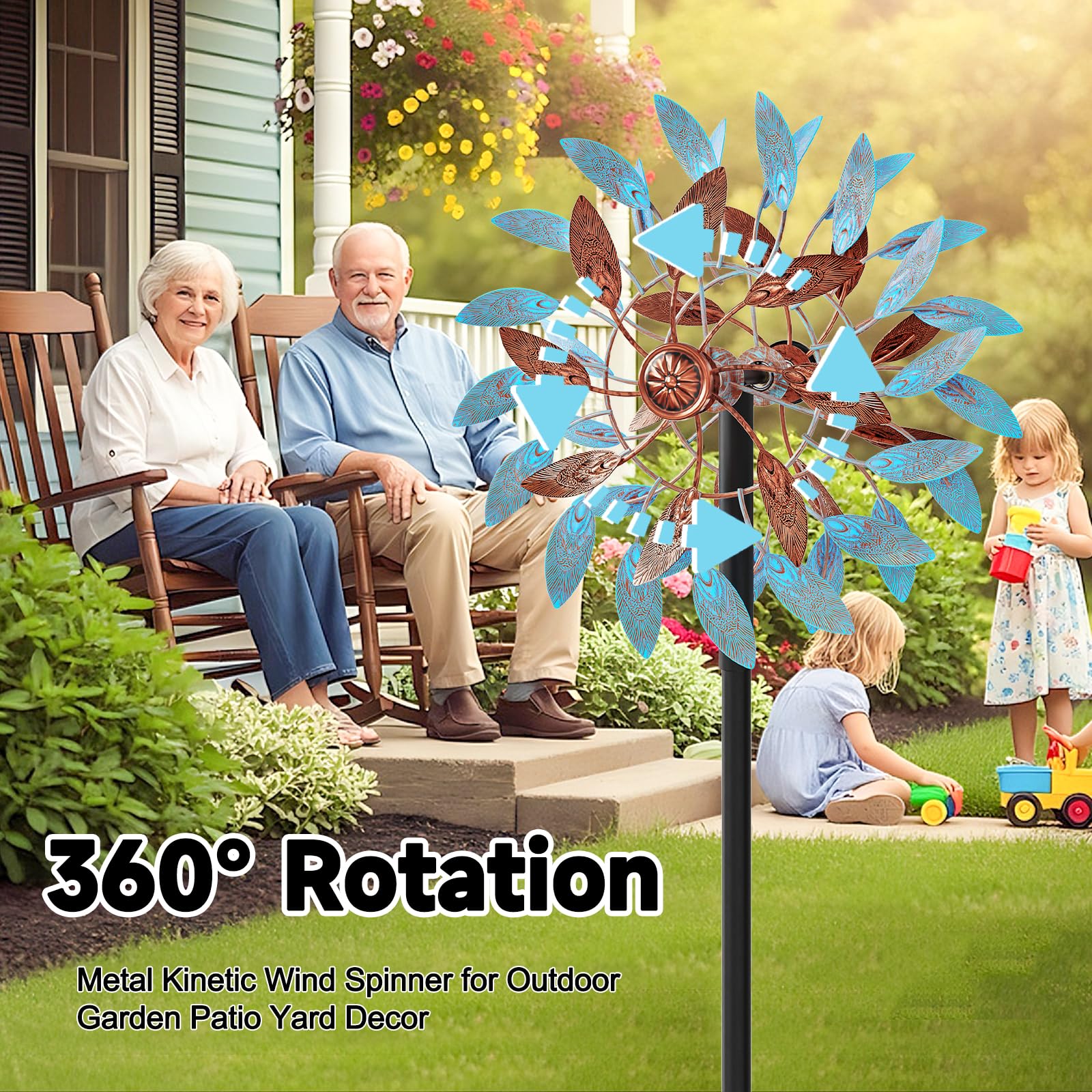 Metall Windrad Garten Dekoration mit Federblättern in Retro-Farben - Elegante Windspiele für Garten, Rasen und Terrasse, Windskulptur Spinner mit Metallpfahl (Blau+Braun)