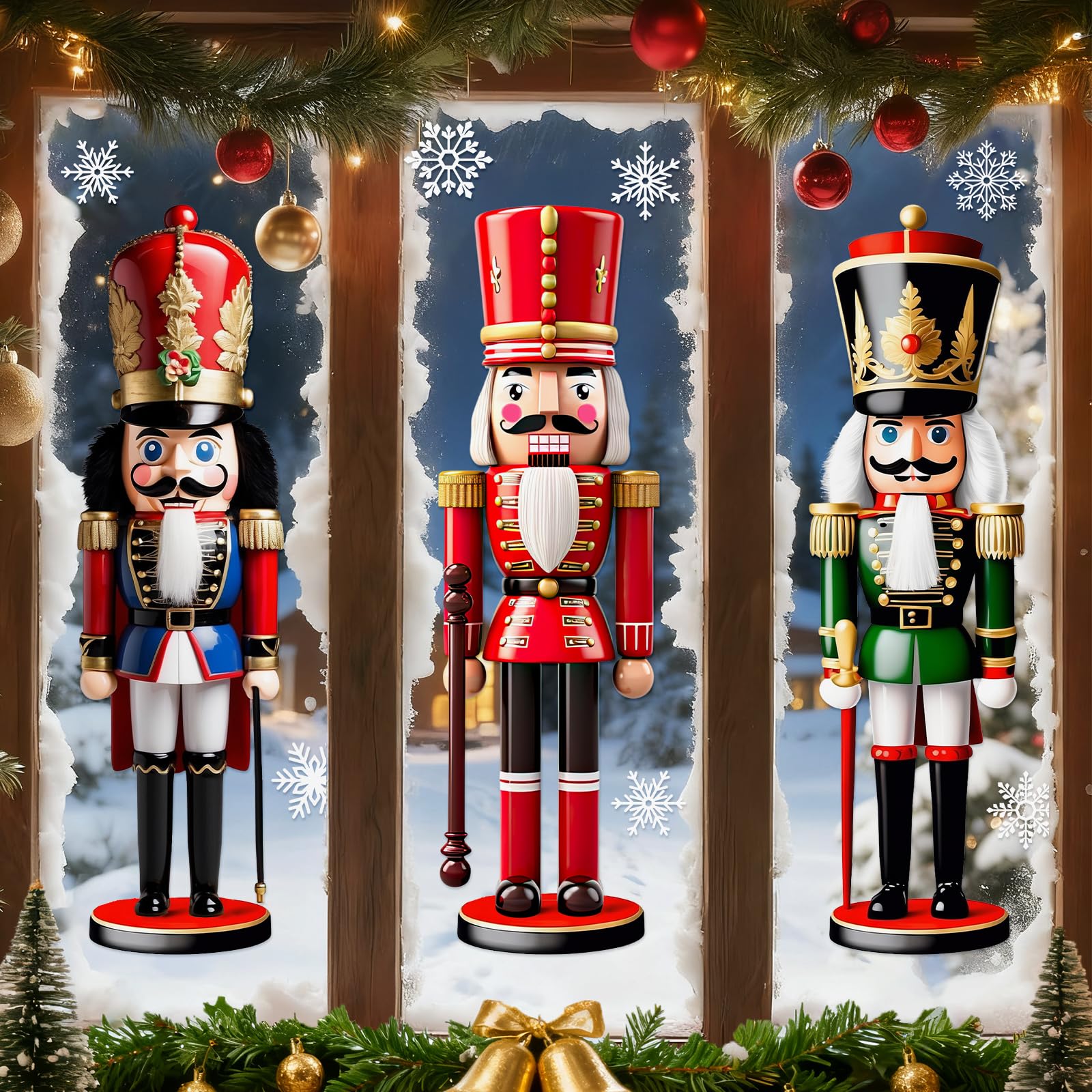 Whaline 3 Bögen Weihnachts-Fensteraufkleber, extra groß, 3D-Nussknacker, Schneeflocke, Fensteraufkleber, Vintage-Glasaufkleber für Weihnachten, Zuhause, Klassenzimmer, Büro, Party-Dekoration