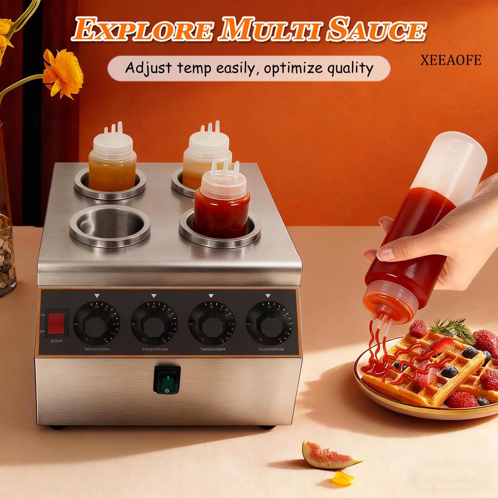 Dispensador eléctrico de salsa, acero inoxidable de 640 W, queso nacho y calentador de dulce caliente con 4 botellas exprimibles para encimera