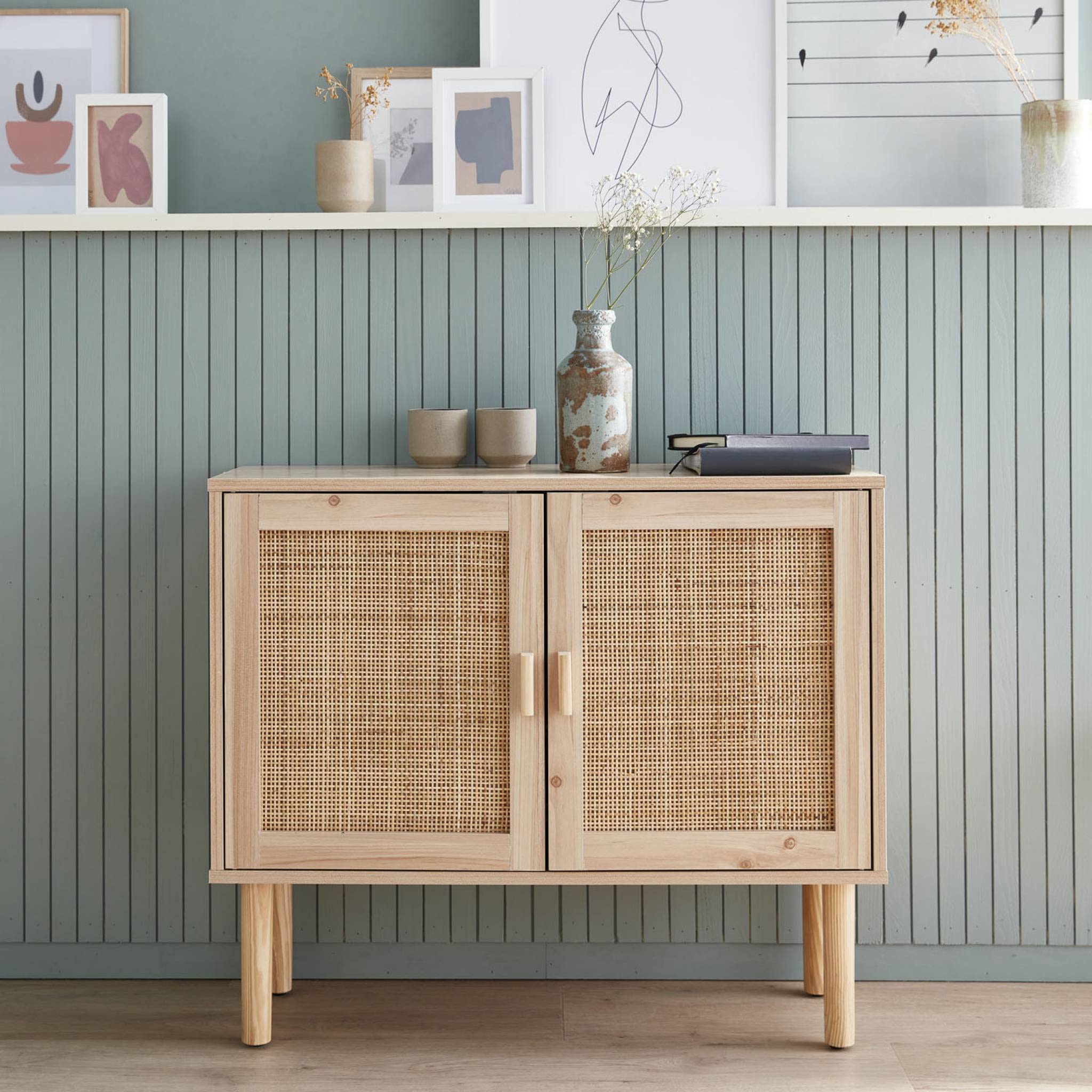 Alice's Home - Buffet en décor Bois et cannage - Camargue - 2 Portes. Buffet Bas. 80x30x68cm