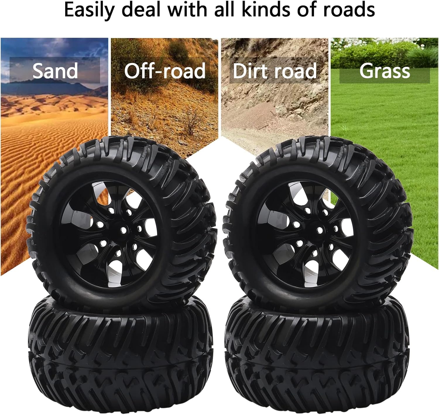 1/10 Monster Truck Tires & Wheels - 5" 128mm Off-Road RC Tires with 12mm Hex 7-Spoke Black Rims, Compatible with Traxxas Stampede, Arrma Granite, Redcat, HSP, Exceed RC - 4PCs Unmounted Set