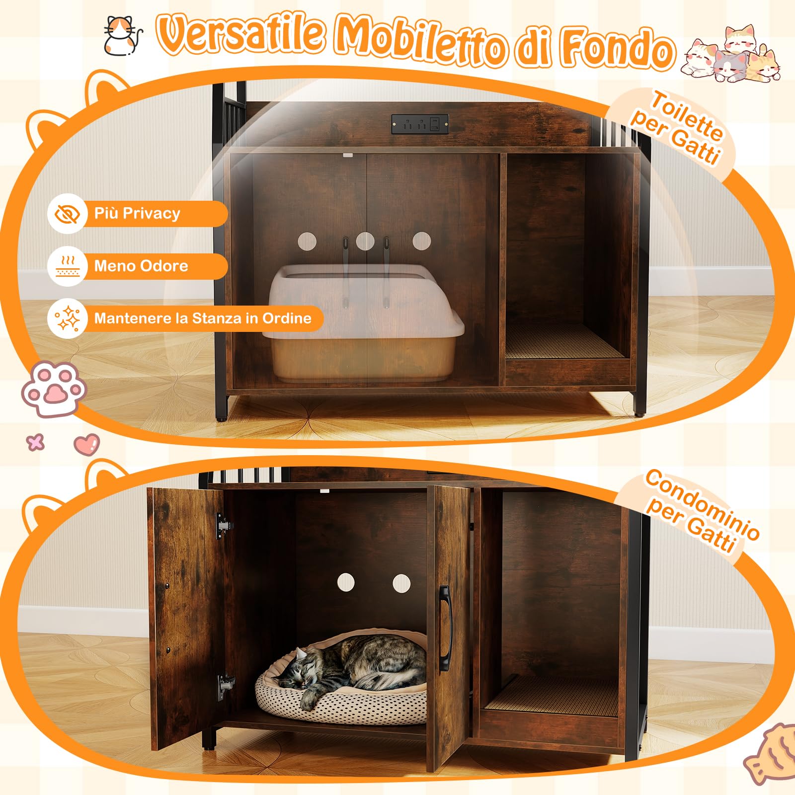 GYMAX Mobili per Bagno Nascosto per Gatti, Armadio per Gatti con 2 Ripiani di Stoccaggio, Stazione di Ricarica Integrata, Tappetino Tiragraffi, Casa del WC per Animali Domestici da Interno (Marrone)