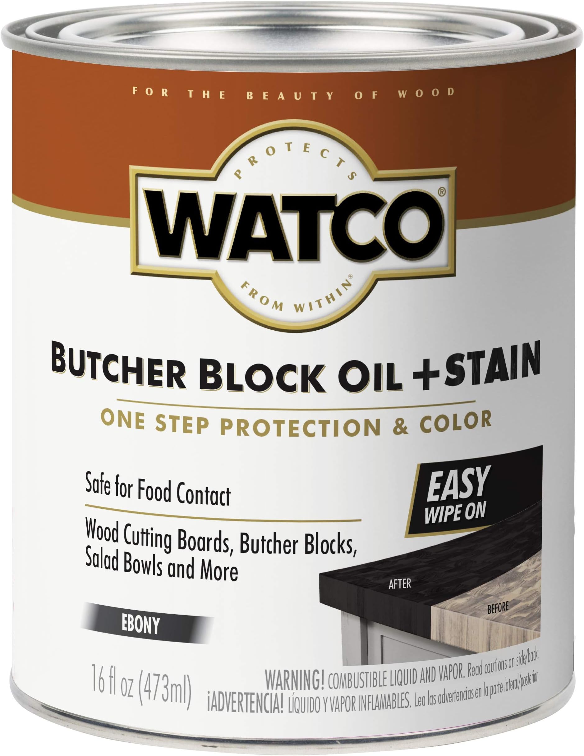 Watco Butcher Block Oil + Stain | Safe for Food Contact | Durable Protection | Easy One‑Coat Application | Ebony | Pint
