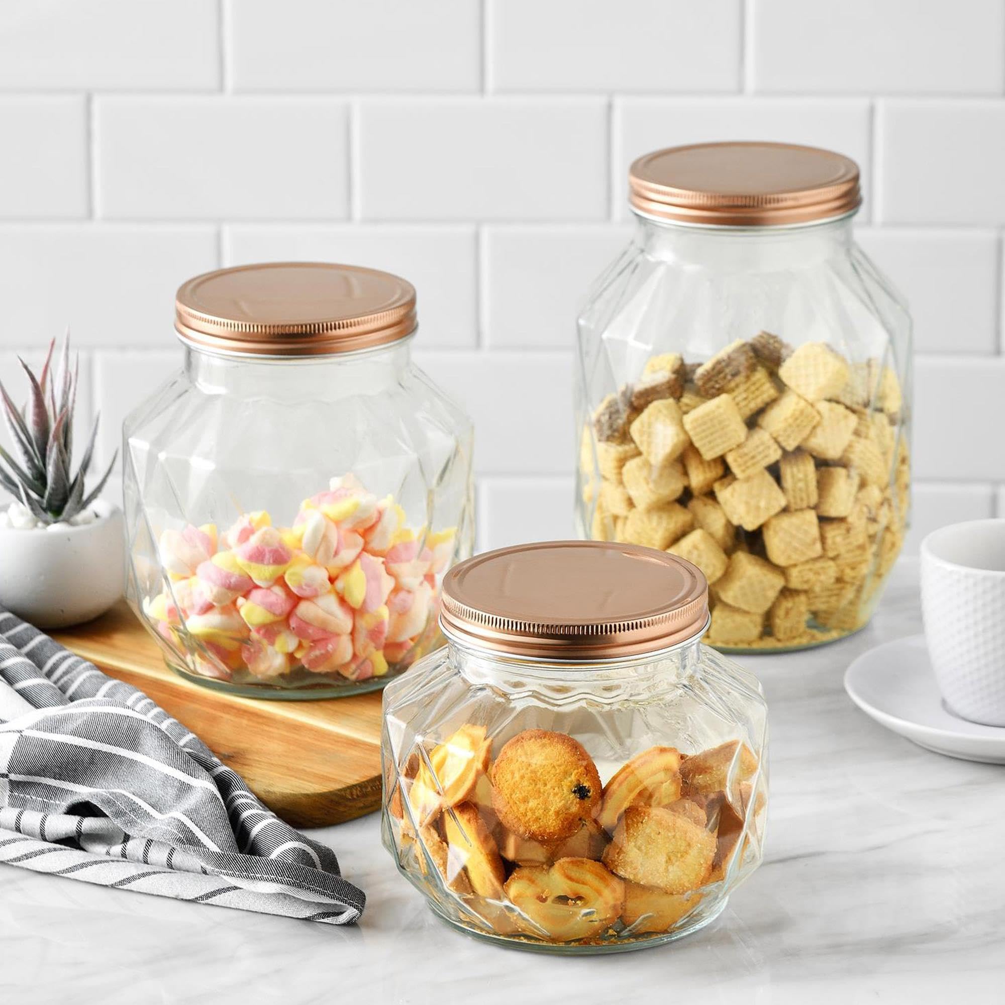 WELL HOME MOBILIARIO & DECORACIÓN Bote de Vidrio 2,2 L – Recipiente de Almacenaje para Cocina con Tapa, Ideal para Pasta, Cereales y Alimentos Secos - 4 unidades