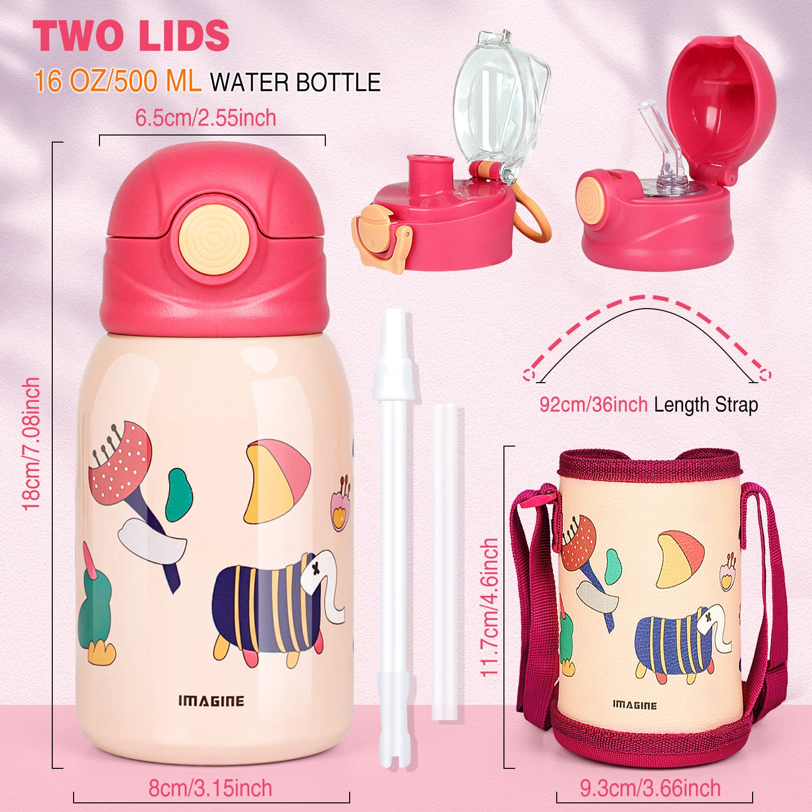 Kids Water Bottle 16oz Insulated Water Bottle for Kids, Kids Inuslated Sport Water Bottle With Straw Lid,Two Lids Stainless Steel Water Bottles,Water Bottle Kids with Bottle Cover and Strap(Pink)