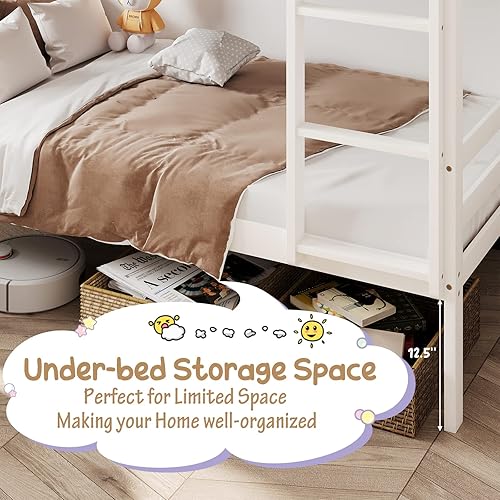 Miniatura 6 de KOMFOTT Litera de madera individual sobre individual, litera con escalera y barandilla de seguridad, marco de cama de madera maciza, ideal para