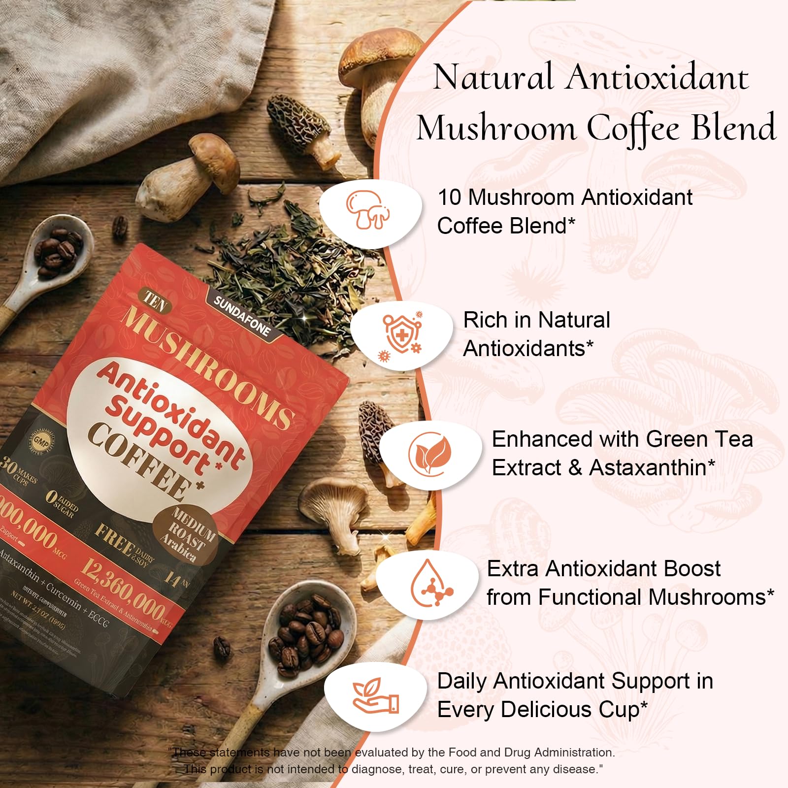 SUNDAFONE Youth Glowing Skin Mushroom Coffee | For Hydrated Youthful Skin & Antioxidant Support |10 Mushrooms + Turmeric, Green Tea Extract, Astaxanthin & Black Pepper; Instant Organic Mushroom Coffee