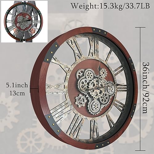 Miniatura 2 de Reloj de pared con engranaje móvil de 36 pulgadas, relojes de pared de gran tamaño, reloj de decoración de sala de estar, marco de madera maciza,