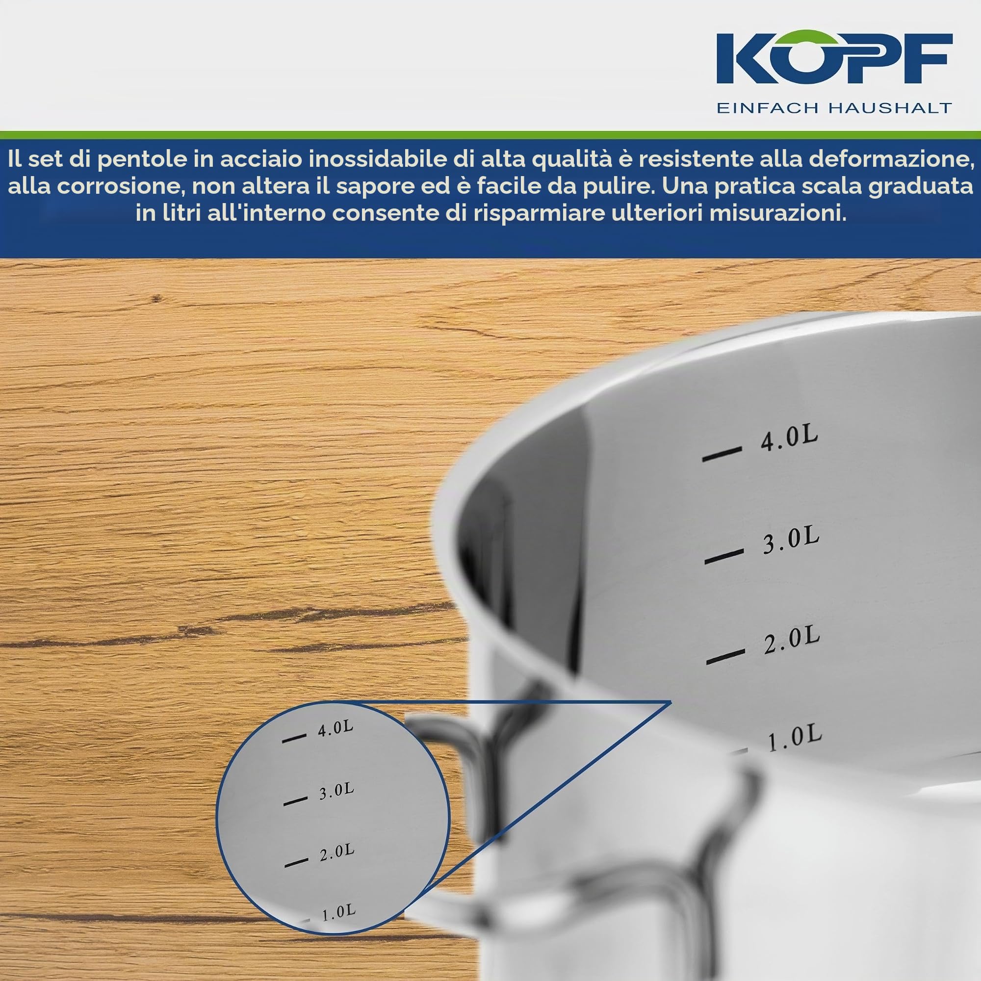 Kopf set di pentole in acciaio inossidabile - pentole a induzione con bordo di versamento, scala litri e coperchio di vetro - 4 pezzi