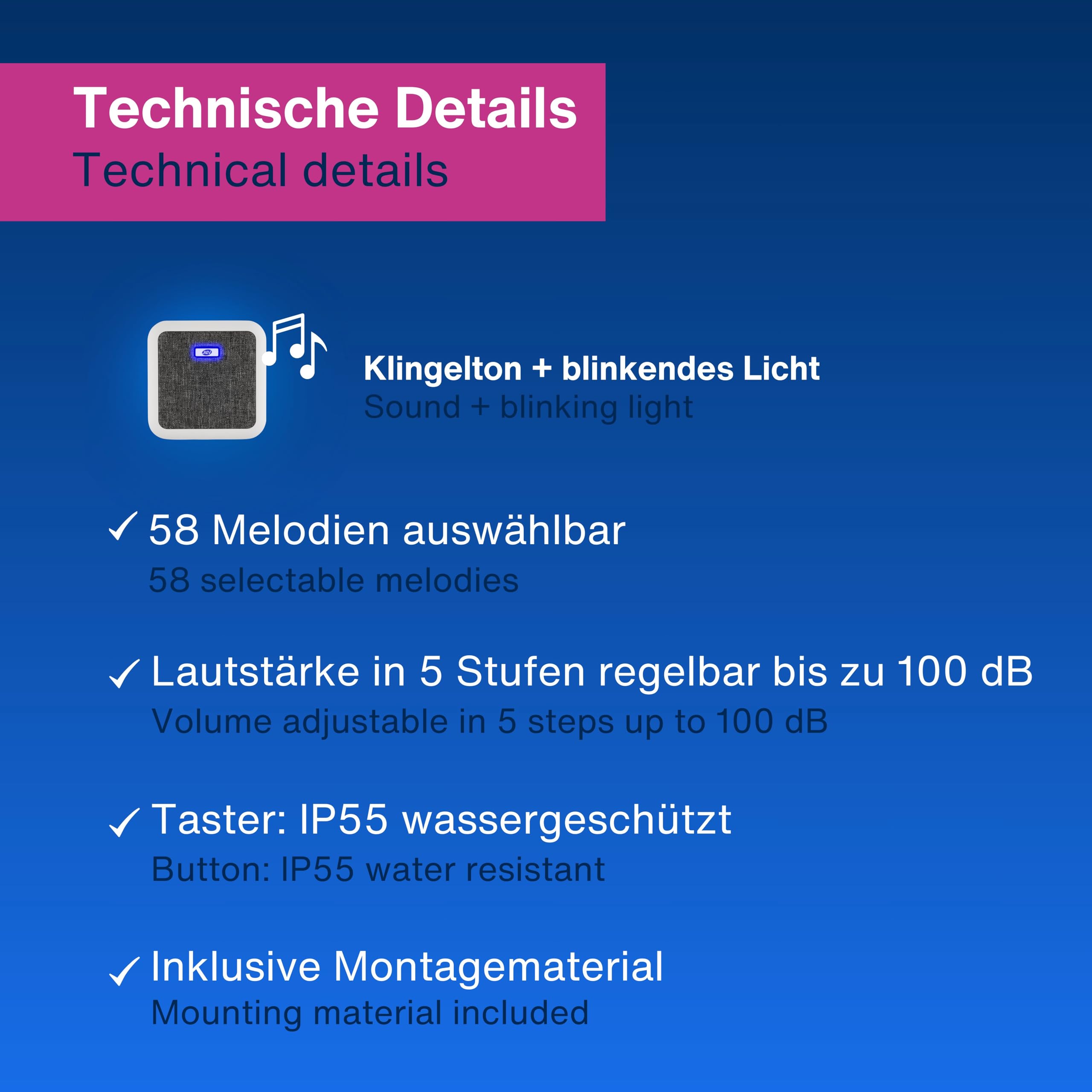REV Funkklingel - Türgong Set Orchestra drahtlos, 150m, 90dB, Funkgong 230VAC und Klingeltaster, Weiss