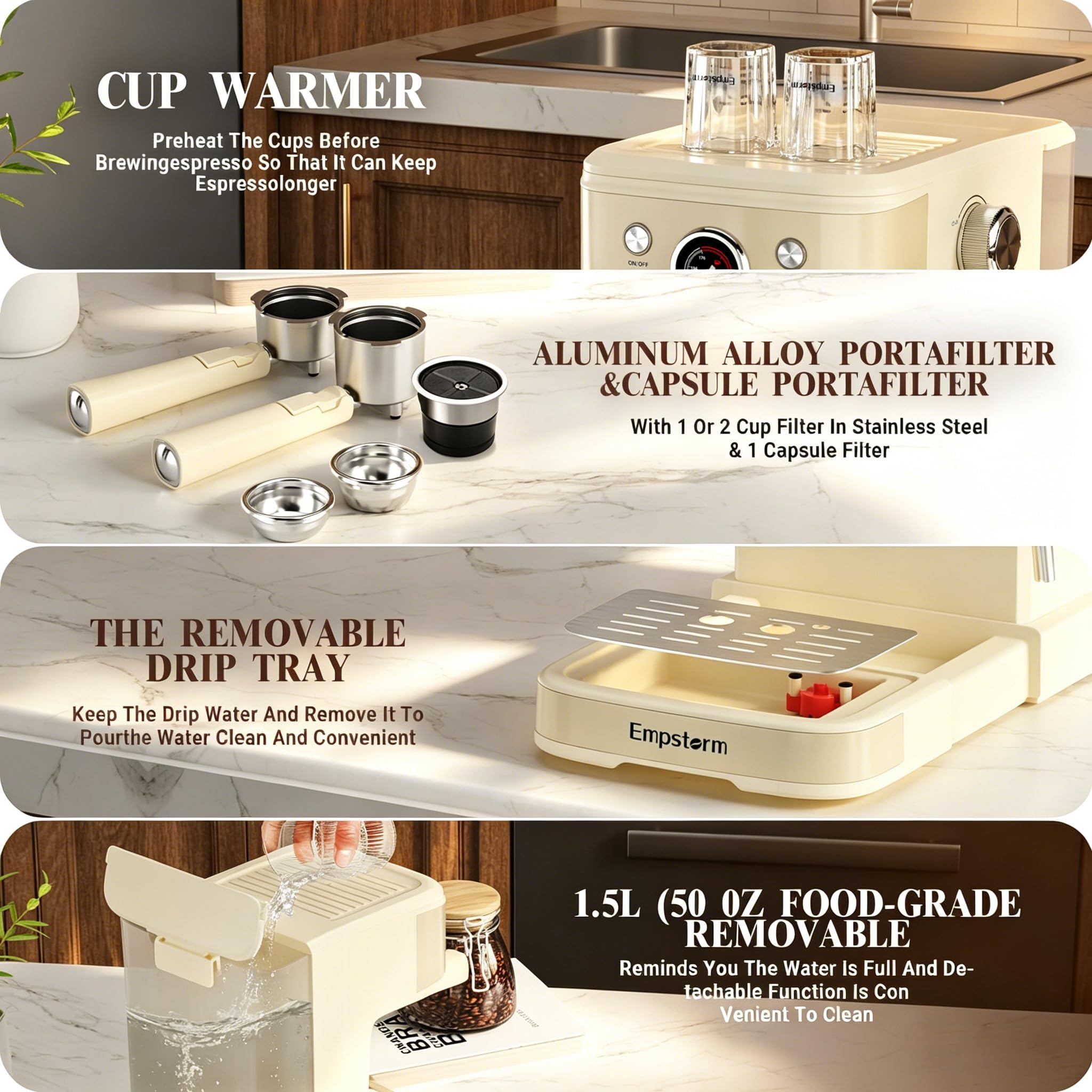 Empstorm Cafetera Espresso 20Bar,1100W máquina de café Espresso 2 en 1 con depo de Agua de 50oz y Varita de Vapor