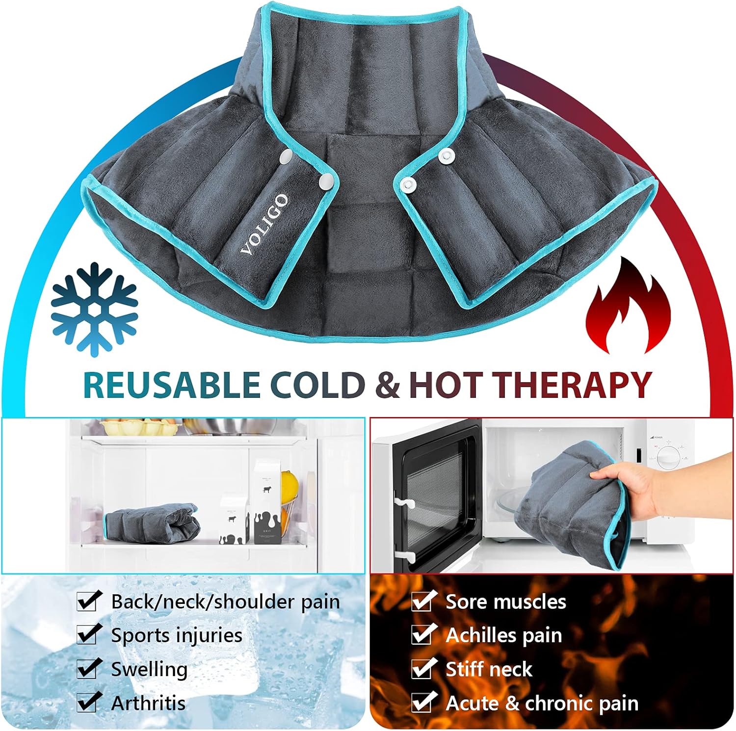 Voligo Large Gel Ice Pack & Microwavable Heating Pad for Neck Shoulder Upper Back Pain Relief - Reusable Weighted Cold Pack for Injuries - Hot & Cold Compress Therapy for Swelling, Bruises, Surgery : Health & Household