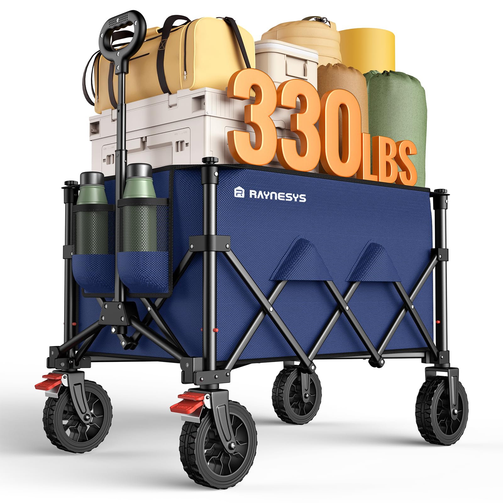 Wagon Carts Foldable, 180L Collapsible Foldable Wagon with 330lbs Weight Capacity, Heavy Duty Utility Cart with Drink Holders and Brakes for Beach