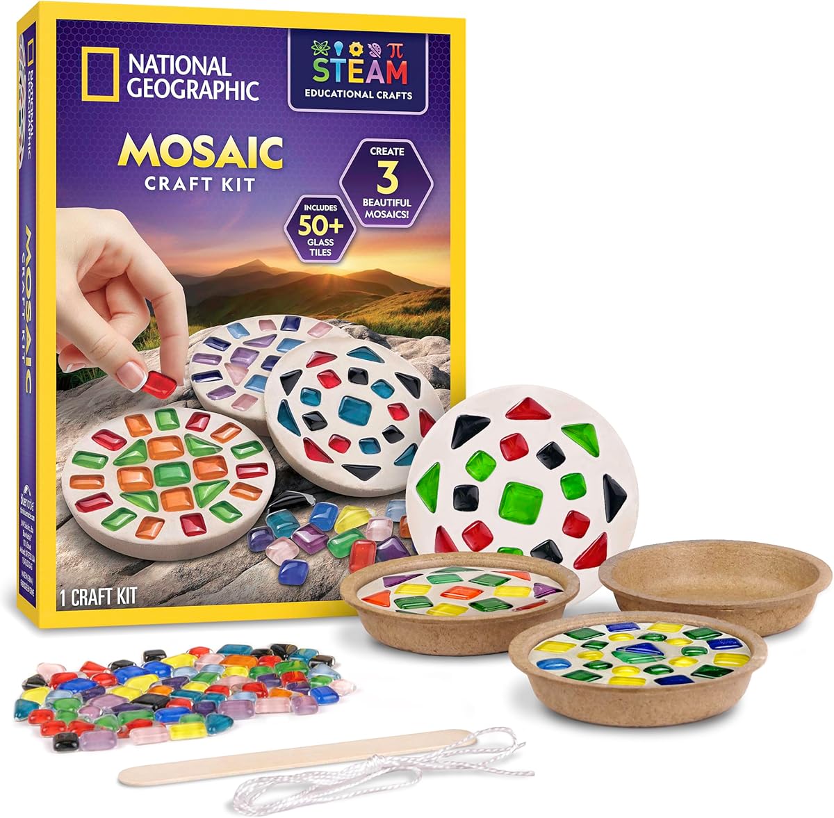 National Geographic Mosaic Arts and Crafts Kit for Kids - Mosaic Kit for Creating 3 Glass Tile Mosaic Art Projects, Includes Glass Tiles, Templates, Plaster & More, Art Supplies, Mosaic Kits for Kids | 3 Glass Tile Mosaic Projects, Templates, Plaster and Art Supplies, Creative Craft Activity, Fine Motor Skills, Birthday Gift