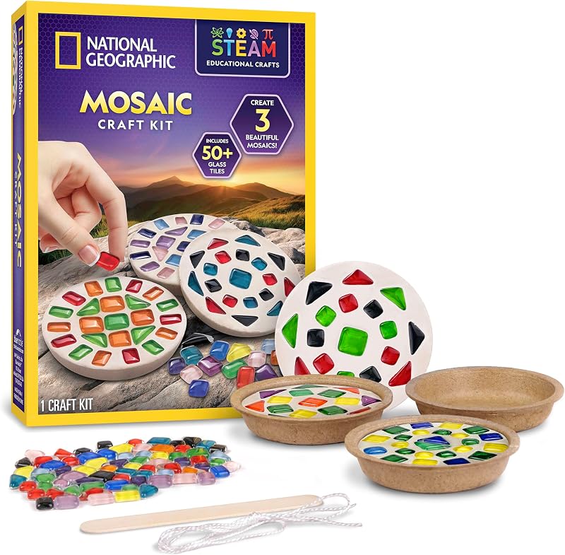 National Geographic Mosaic Arts and Crafts Kit for Kids - Mosaic Kit for Creating 3 Glass Tile Mosaic Art Projects, Includes Glass Tiles, Templates, Plaster & More, Art Supplies, Mosaic Kits for Kids | 3 Glass Tile Mosaic Projects, Templates, Plaster and Art Supplies, Creative Craft Activity, Fine Motor Skills, Birthday Gift