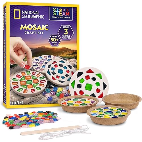 National Geographic Mosaic Arts and Crafts Kit for Kids - Mosaic Kit for Creating 3 Glass Tile Mosaic Art Projects, Includes Glass Tiles, Templates, Plaster & More, Art Supplies, Mosaic Kits for Kids