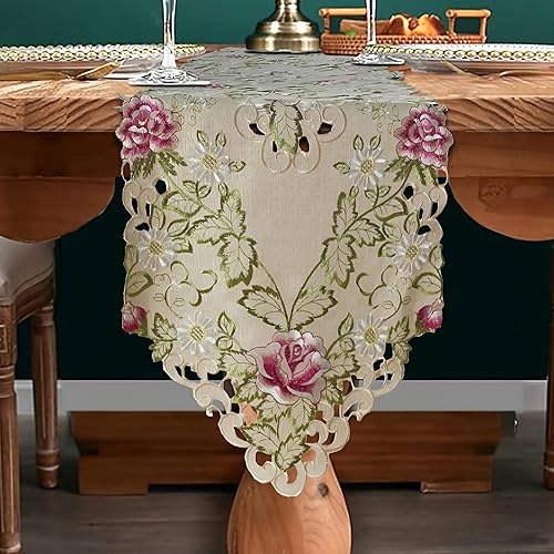 Camino de mesa beige Pañuelo de encaje de lino bordado europeo Perfecto para cocina, comedor, decoración del hogar, recepciones de boda 14 x 108