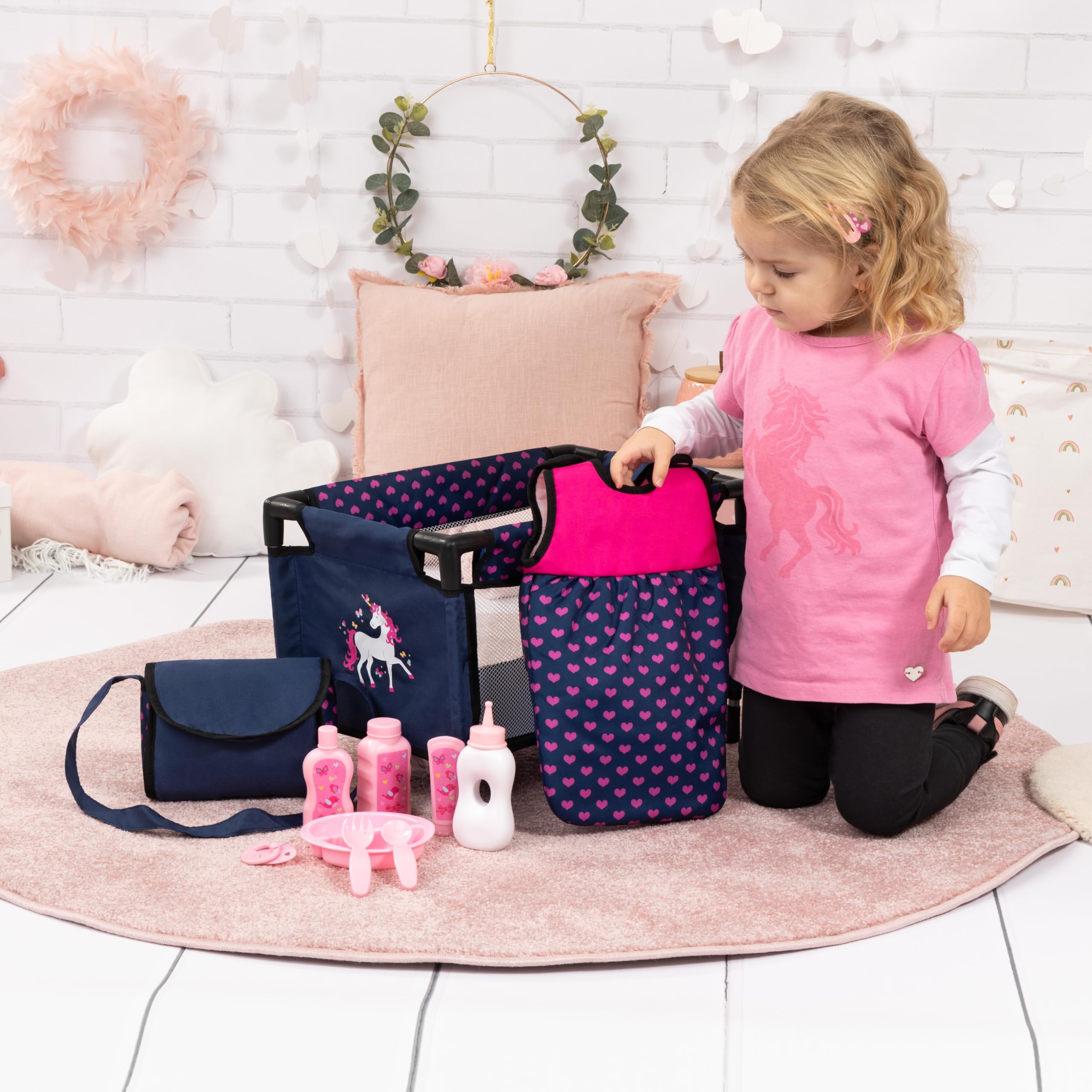 Bayer Design 61754AC Baby Accessories, 11-in-1 Care Set, Large Baby Accessory Set, Including Bag, Travel Cot, Sleeping Bag and Care Accessories, Blue, Pink Unicorn