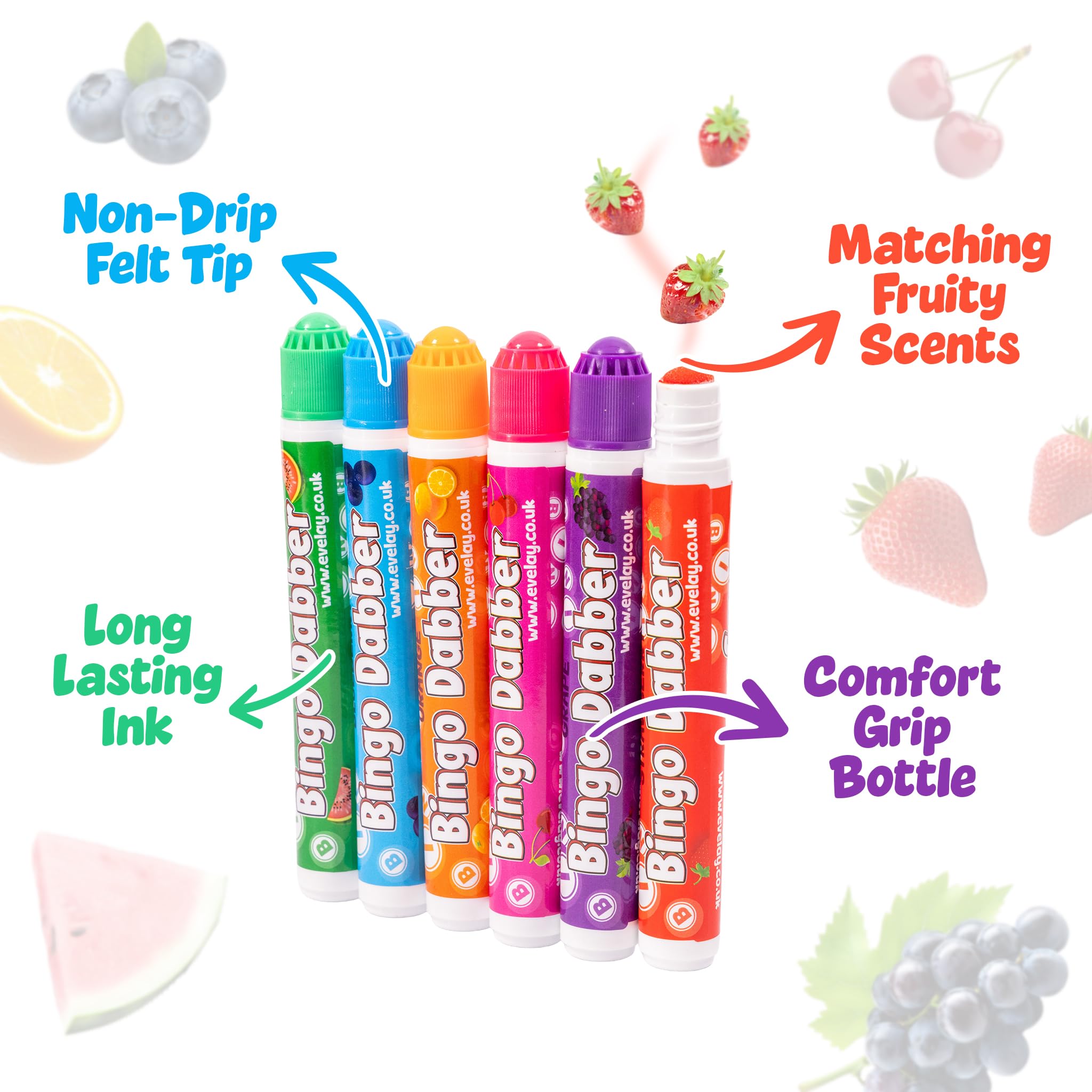 evelay Lot de 6 tampons de bingo parfumés – Couleurs assorties et parfums fruités | Marqueurs de bingo à pointe en feutre anti-goutte pour adultes et enfants | Encre durable, flux lisse, idée cadeau