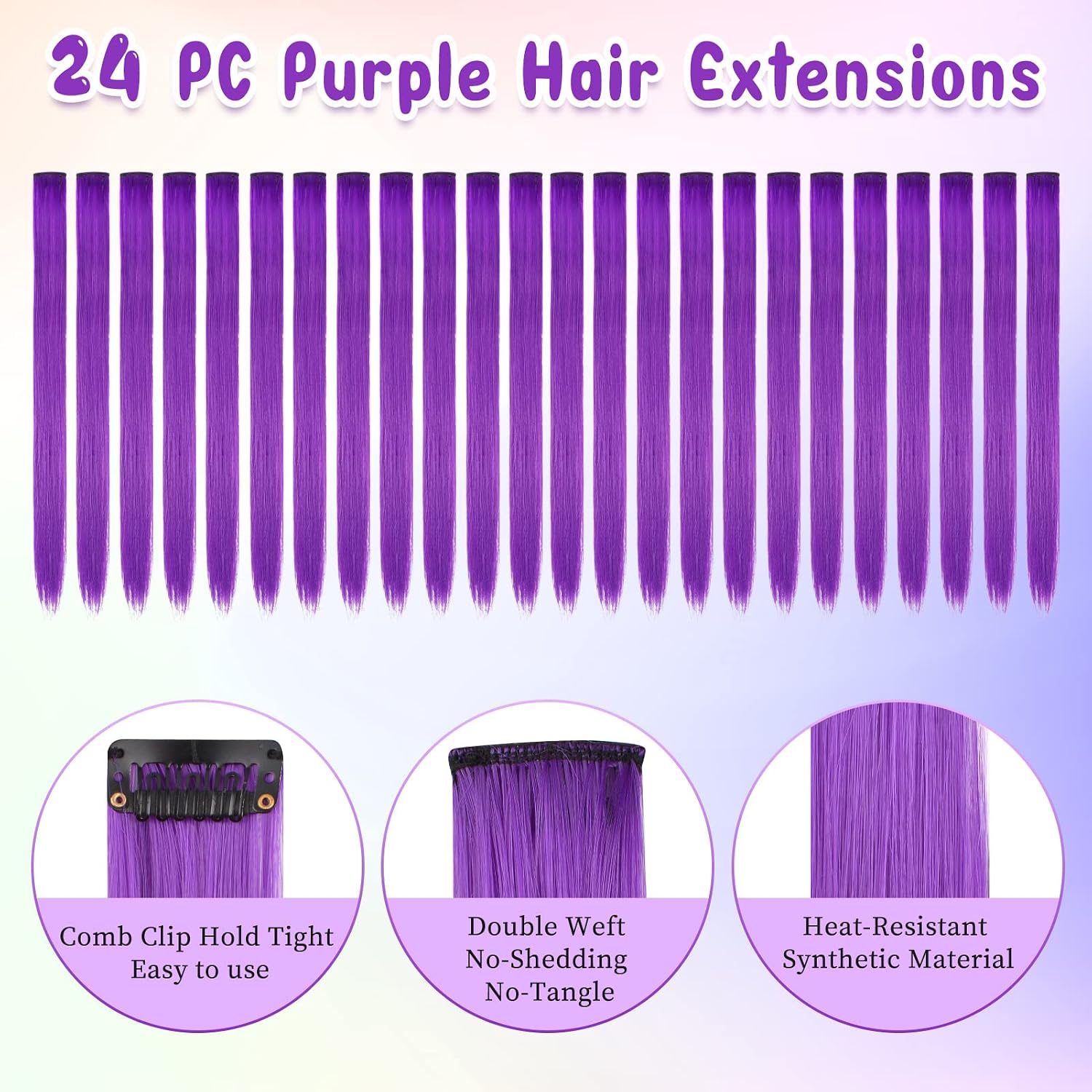 Kyerivs 24PCS Purple Hair Extensions for Girls 20Inch Rainbow Straight Synthetic Clip in Hairpieces for Girls Party Highlights Colorful Hair Accessories Halloween Gifts for Women Easter Gifts