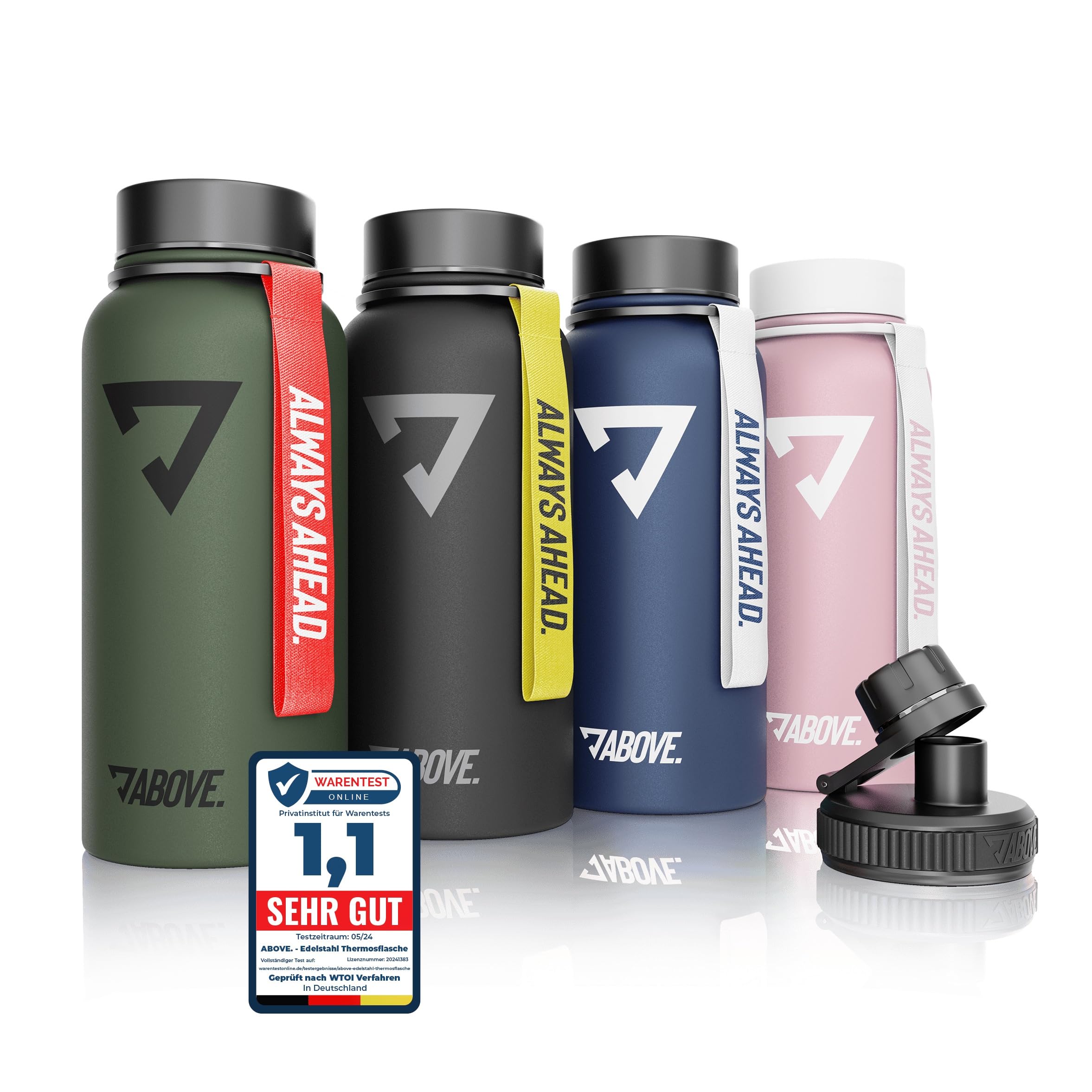 ABOVE. Edelstahl Thermosflasche 1L – BPA-frei, auslaufsicher & robust – hält 12h heiß, 24h kalt – mit Extra Trinkverschluss für Sport, Fitness & Outdoor I hochwertige Geschenkbox (Blau)