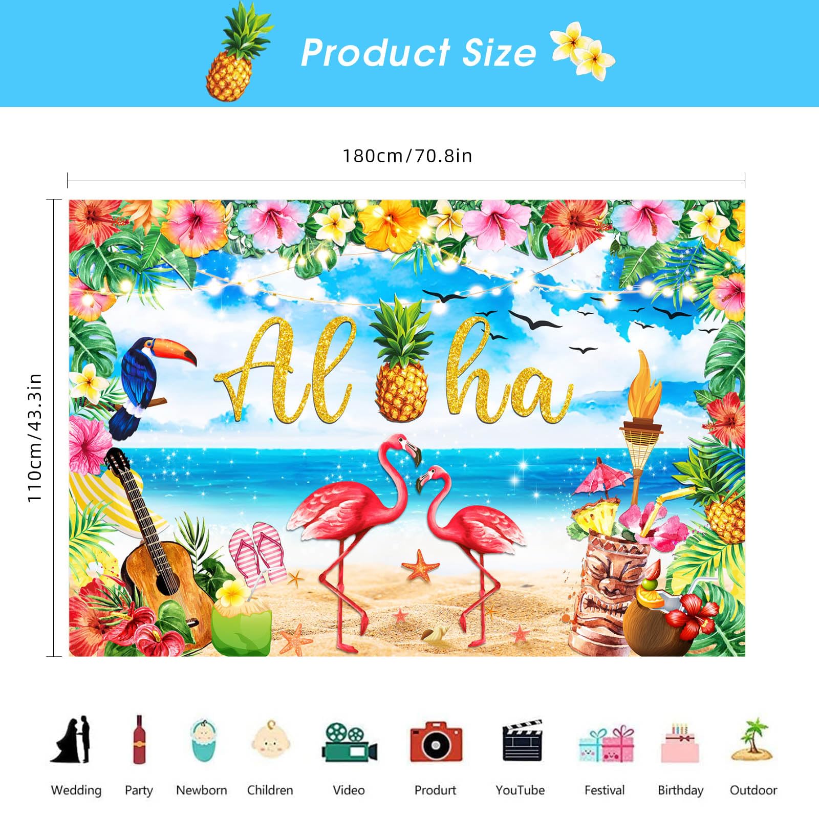 EULAPGOE Aloha Hawaiian Party Backdrop, Tropical Beach Decorations, Summer Photo Backdrop, Luau Supplies and Accessories - Image 2