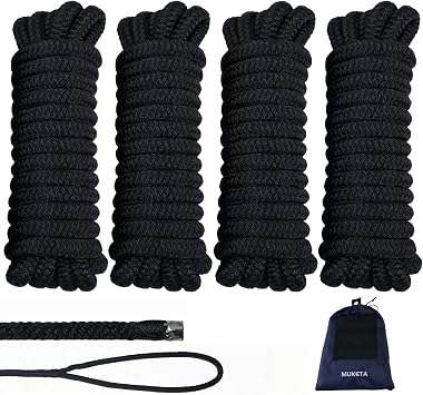 Boat Dock Lines 4 Pack 1/2 in X 15 ft with 12" Eyelet Marine-Grade Double Braided Nylon Boat Lines,Hi-Performance Boat Ropes for Docking and Mooring,Fray Resistant,Easy Handling