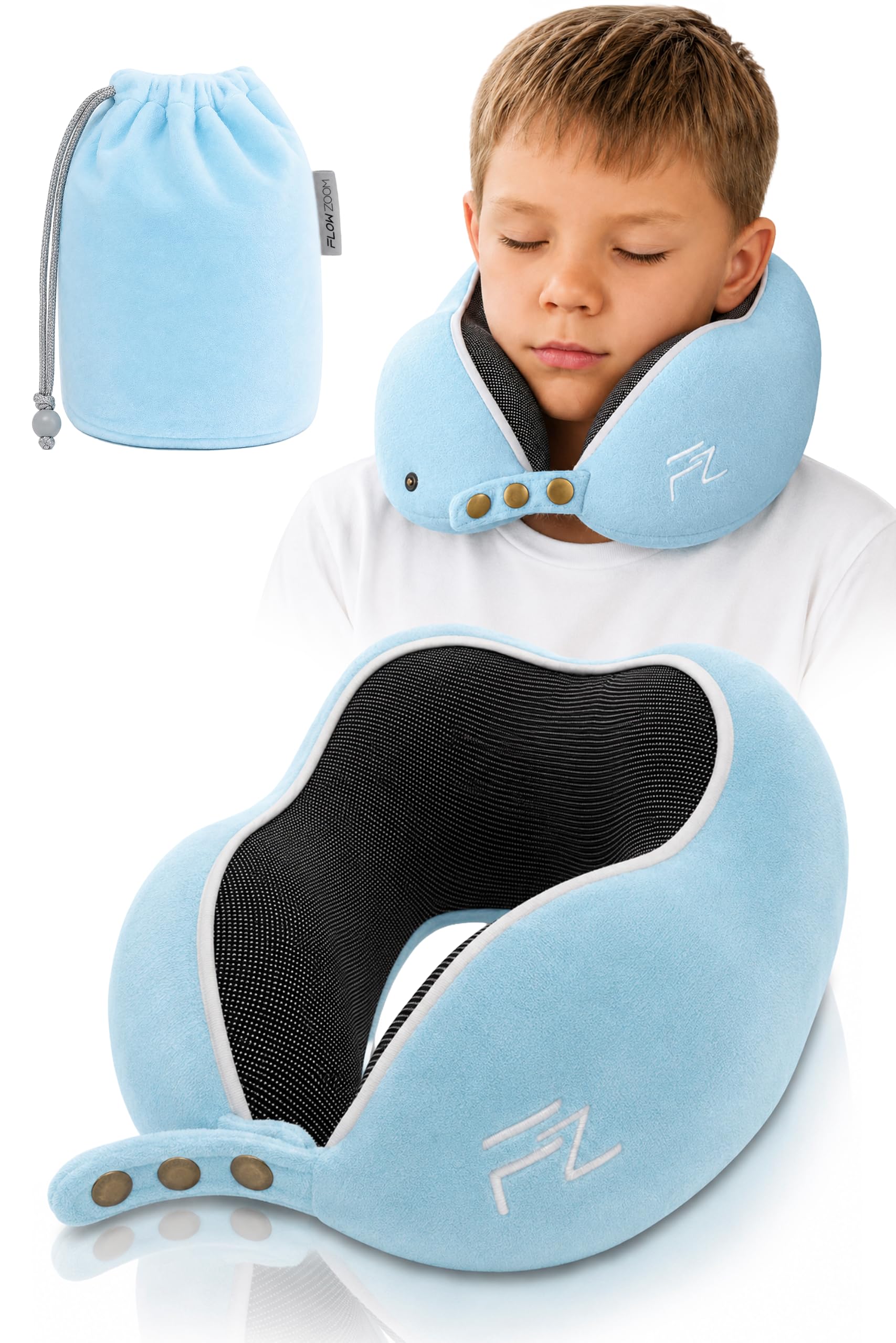 FLOWZOOM Nackenkissen für Kinder ab 6 Jahre - einstellbares Memory Foam Kinder-Nackenhörnchen mit weichem, atmungsaktivem &amp; waschbarem Bezug - inkl. Tranportbeutel - Blau, Größe M (ab 6 J.)