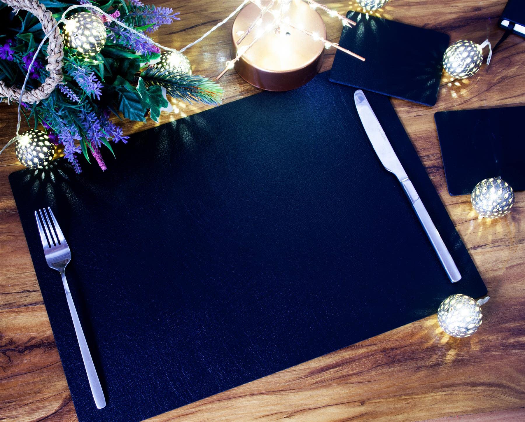 The Dapper HouseSet of 8 Black Large Classic Bonded Leather Placemats and 8 Coasters - Made in Britain
