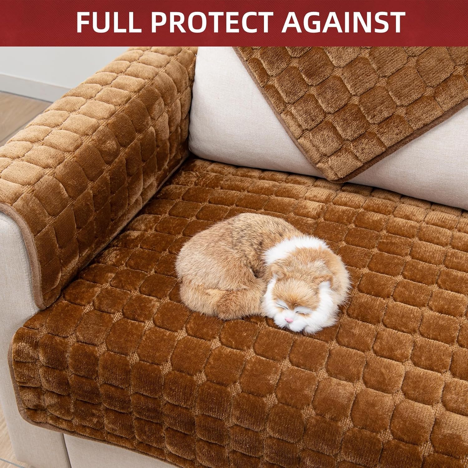 Velvet Couch Cover Sofa Covers Washable sectional Couch Covers Anti Slip Sofa Slipcovers for 3 Cushion Dog Couch Covers Furniture Protector Covers for Pets Kids (Caramel, 36"x 94")