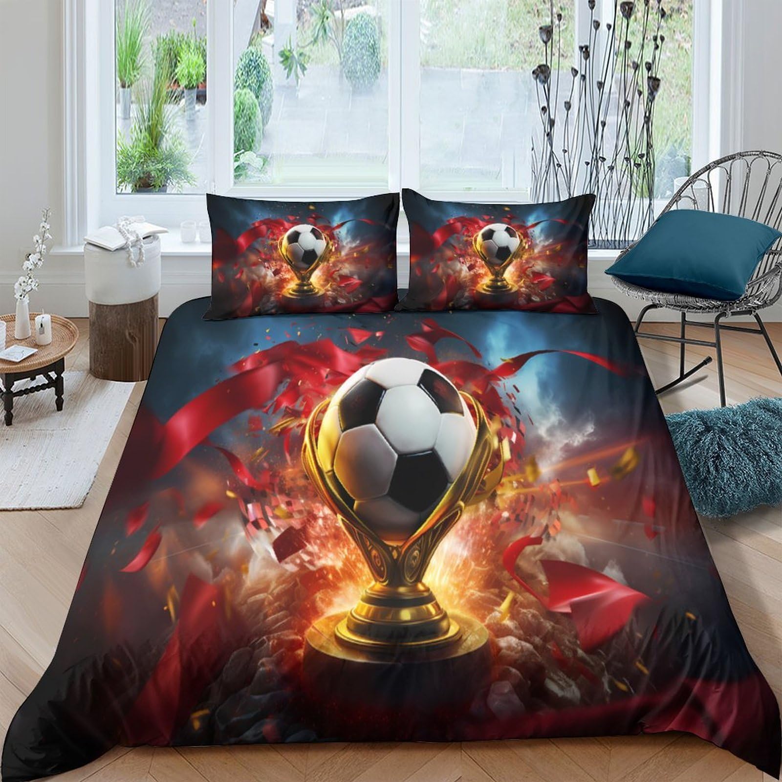 Ctjqhvkz Style-7 3D Printed Soccer Trophy Fitted Sheet Microfiber Black Red Fire Bed Cover For Bedroom Dorm Mattress Protection Decor Single（135X200cm）