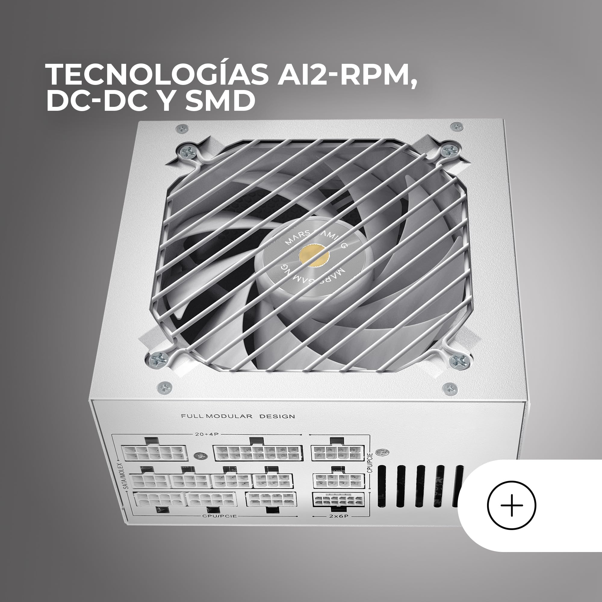 Mars Gaming MPB1000SIM, Fuente Alimentación Full Modular ATX 1000W, 7 Años Garantía, 80Plus Gold 90%, Ventilador SI Extreme Silence 140mm, Tecnologías AI2-RPM, Condensadores Japoneses, Blanco