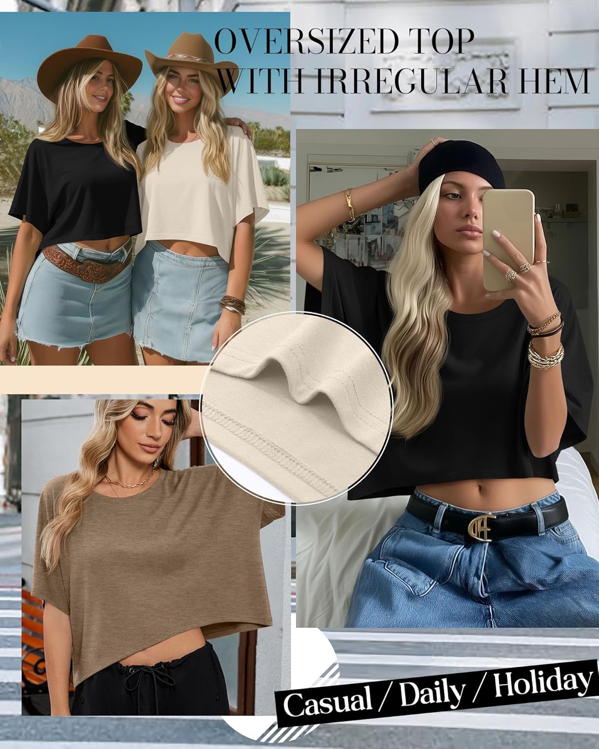 Huukeay 3 Pack Women's Oversized Cropped T Shirts Short Sleeve Loose Summer Crop Tops Casual Crewneck Irregular Hem Baggy Tee - Image 5